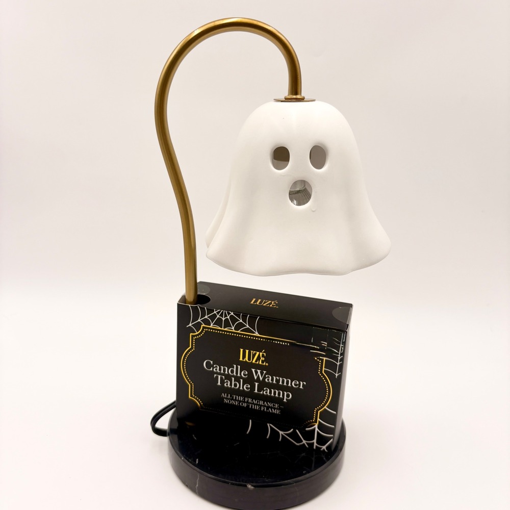 Luze Ghost Candle Warmer Table Lamp White Gold Black Marble Base Halloween NEW